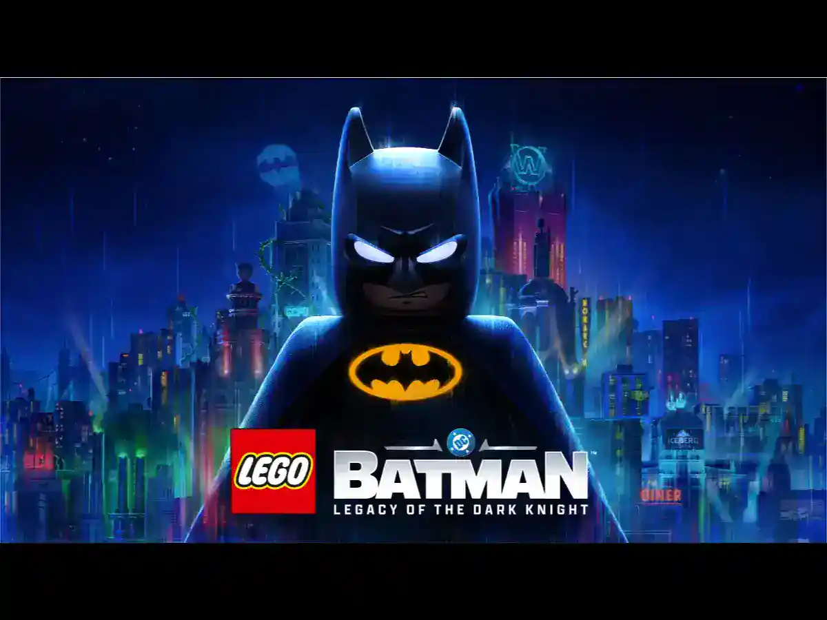 LEGO Batman stands with allies against a Gotham backdrop.