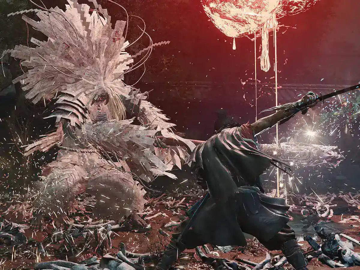 Miyamoto Musashi battles a towering demon beneath a red moon.