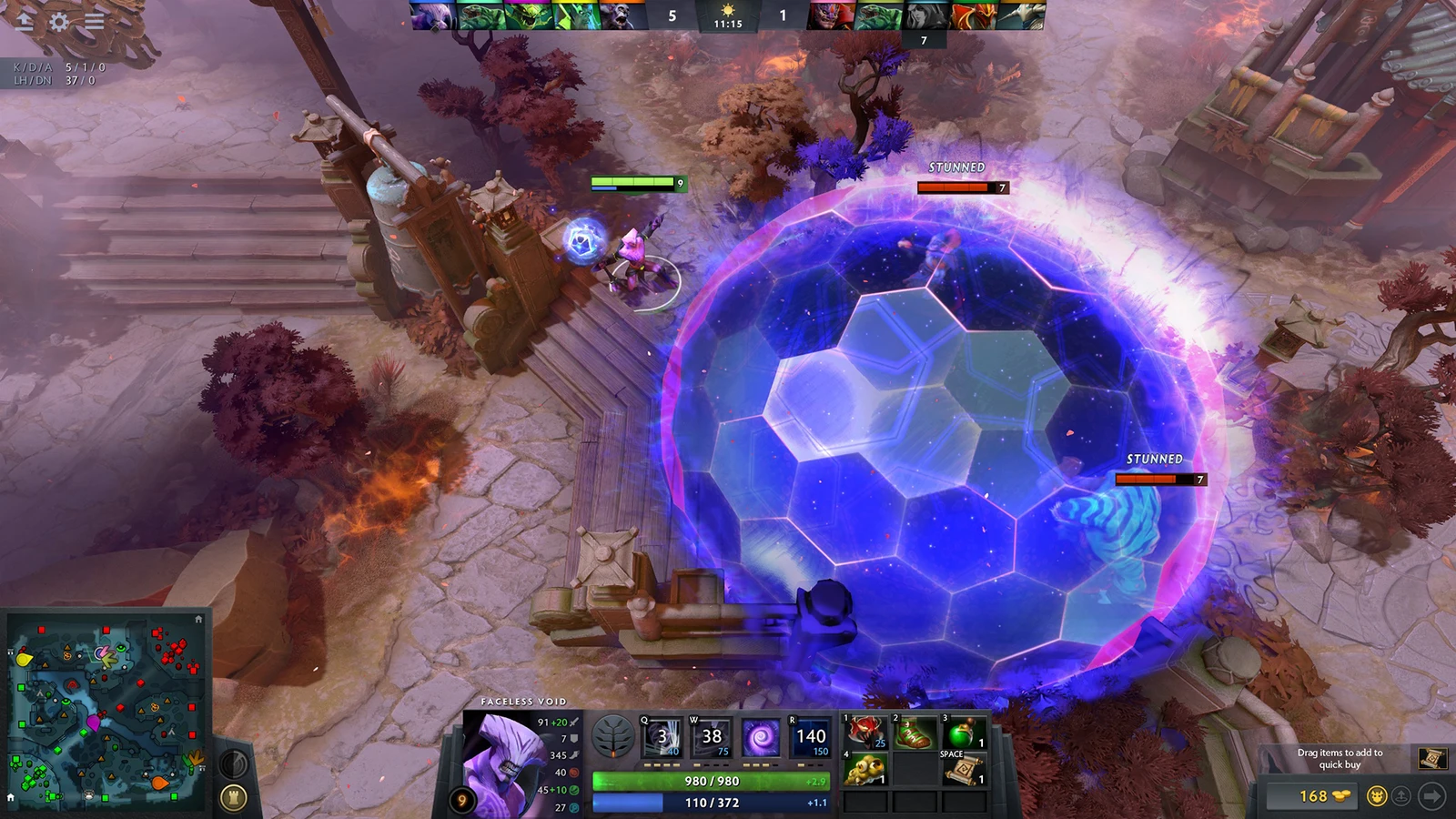 Faceless Void casts a glowing purple Chronosphere in an official Dota 2 gameplay screenshot