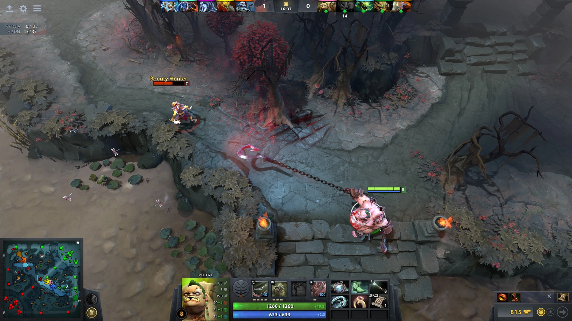 Pudge throws a hook towards Bounty Hunter in an older official Dota 2 gameplay image