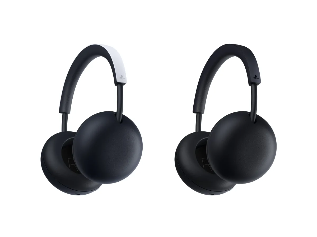 White and Midnight Black PlayStation Pulse wireless headsets against a white background.