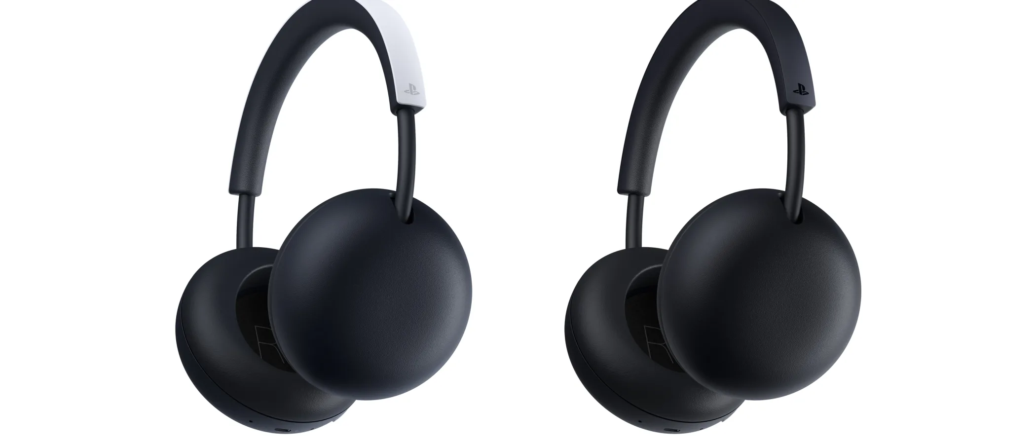 White and Midnight Black PlayStation Pulse wireless headsets against a white background.