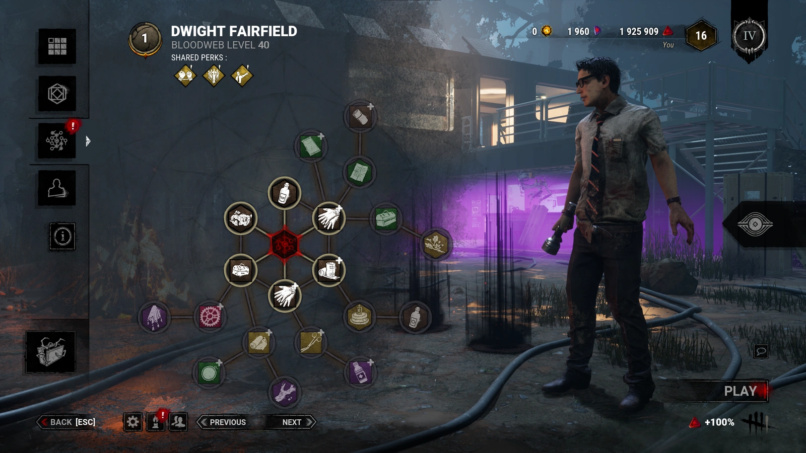 Dwight's official Bloodweb preview displays Prestige 1 beside three shared yellow perks and a separate Level 40 Bloodweb.