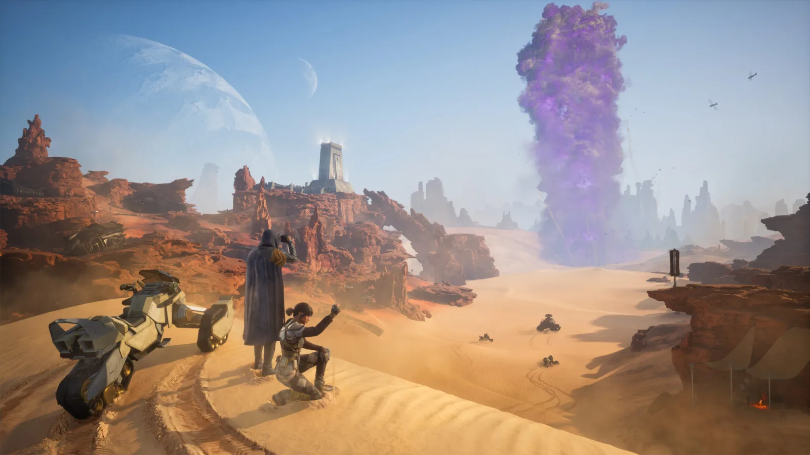 Two figures overlook a rocky desert valley on Arrakis beside a sandbike.