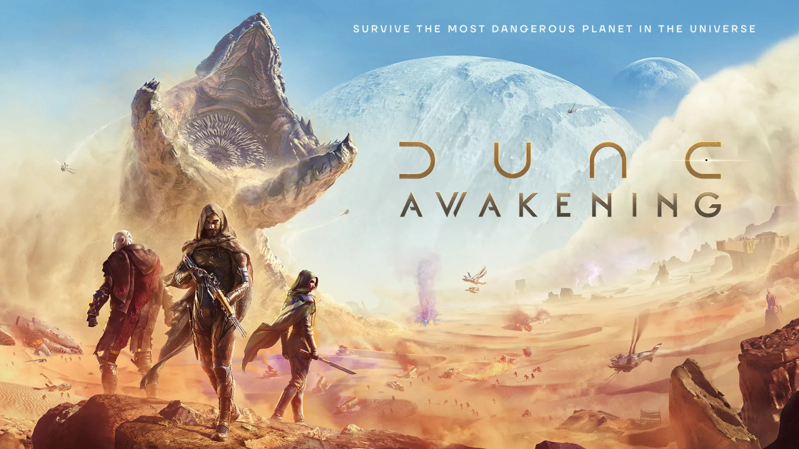 Three armed figures stand in the desert while a sandworm rises behind them.