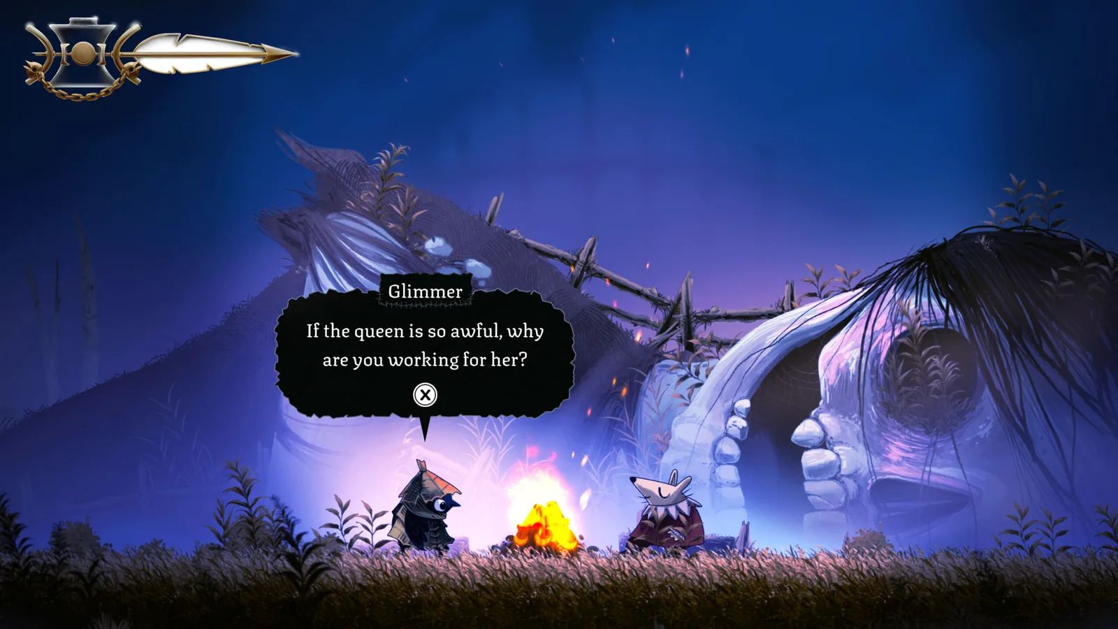 Glimmer and small animal characters sit around a campfire beside a larger sleeping creature in Well Dweller.