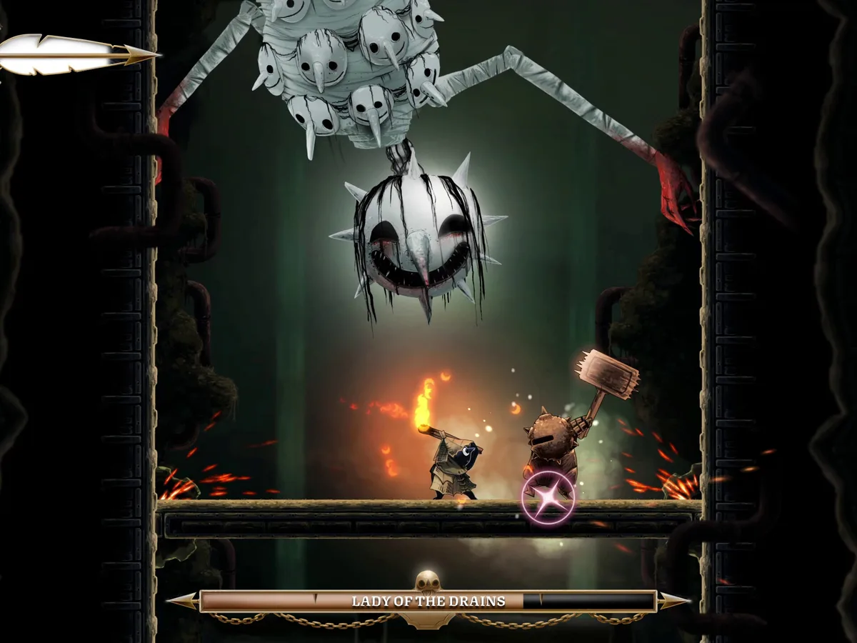 Glimmer faces a large white masked creature with long arms inside a dark Well Dweller arena.
