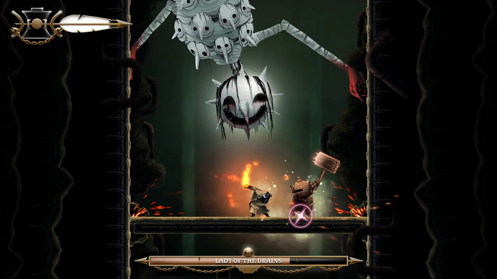 Glimmer faces a large white masked creature with long arms inside a dark Well Dweller arena.