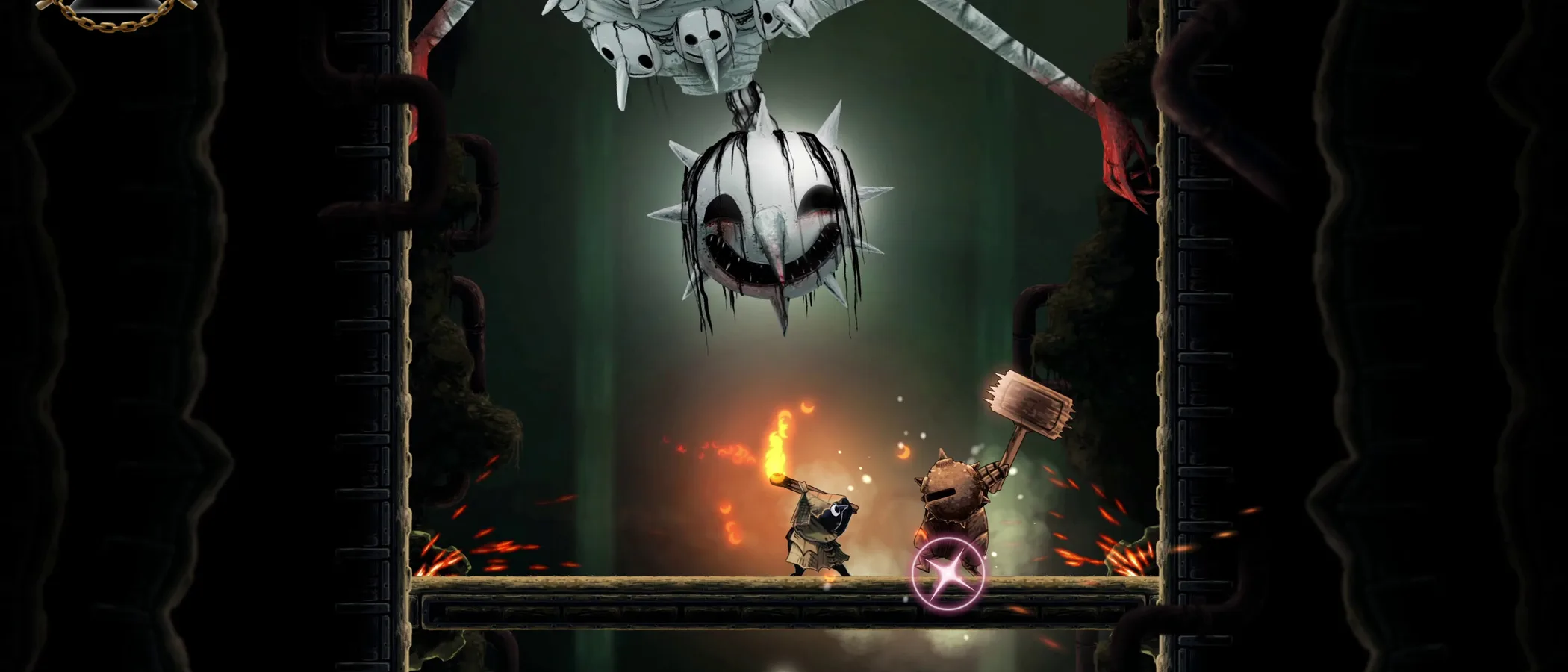Glimmer faces a large white masked creature with long arms inside a dark Well Dweller arena.