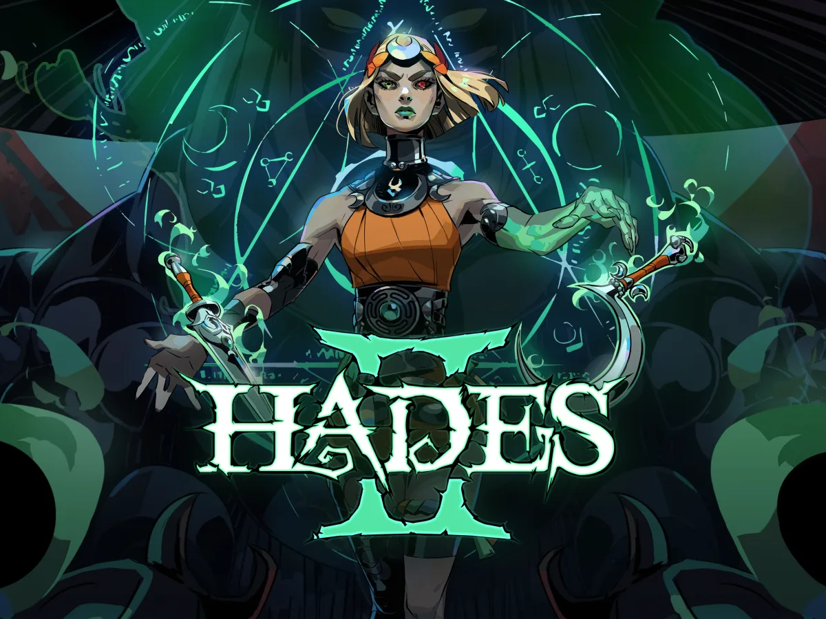 Melinoe holds a staff before the fiery title art for Hades II.