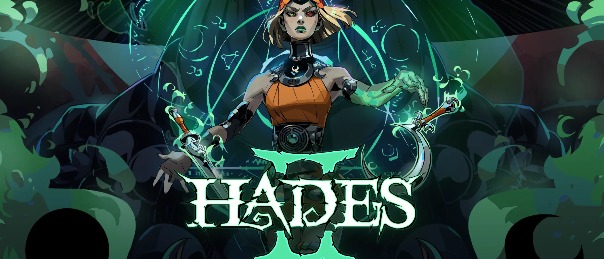 Melinoe holds a staff before the fiery title art for Hades II.