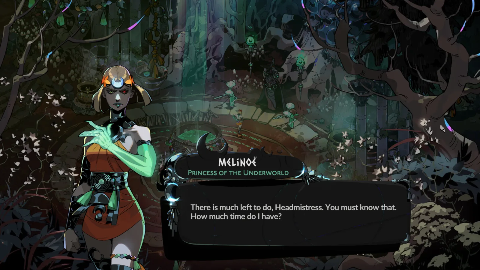 Melinoe confronts enemies in a blue-lit chamber in Hades II.