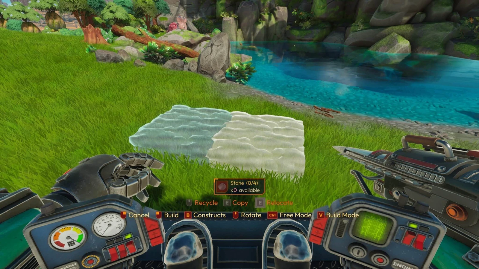 Two pale holographic stone pieces sit on grass beside a stream, with no stone available in the build interface.