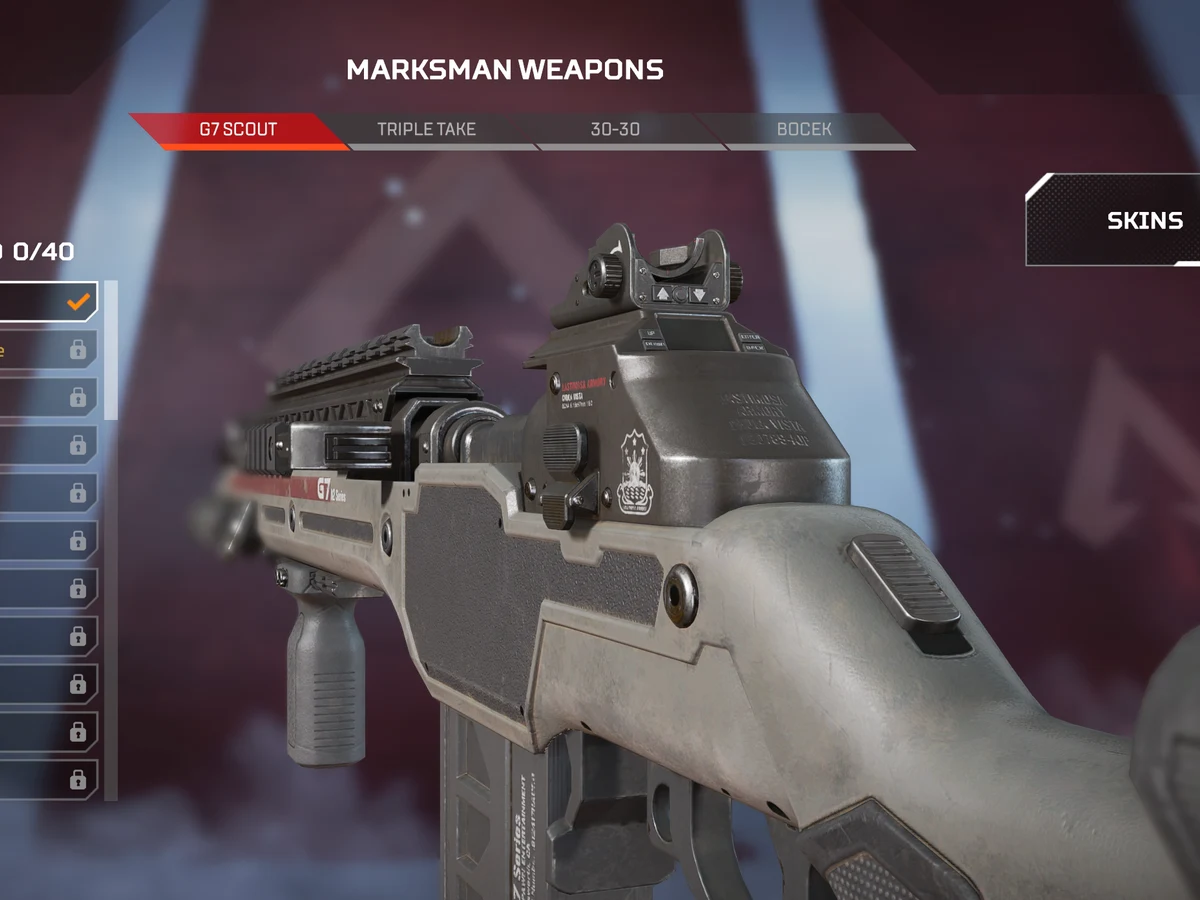 An official Apex Legends cosmetic preview shows a G7 Scout with a weapon charm attached.