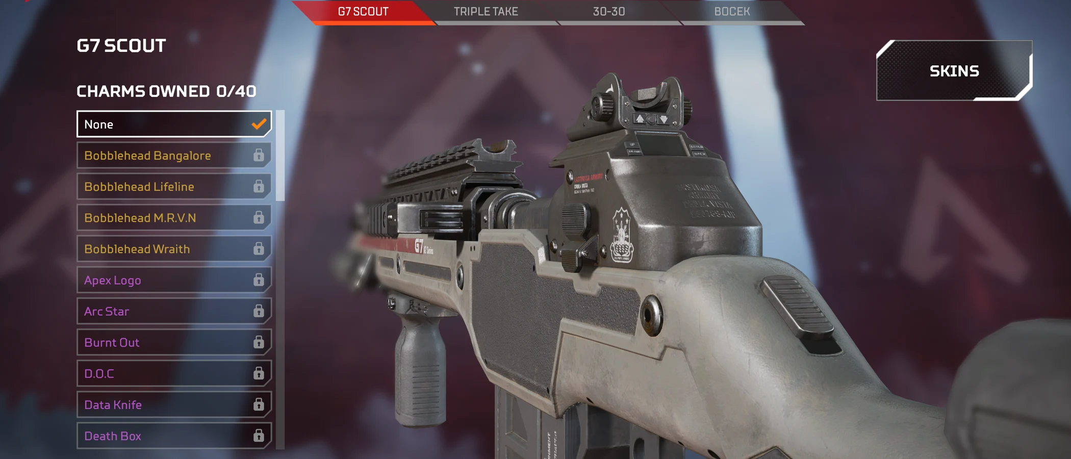 An official Apex Legends cosmetic preview shows a G7 Scout with a weapon charm attached.