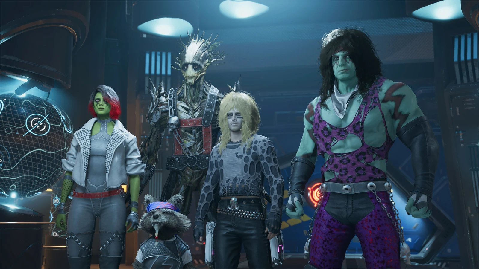 Gamora, Groot, Rocket, Star-Lord and Drax stand together wearing colourful glam-rock outfits