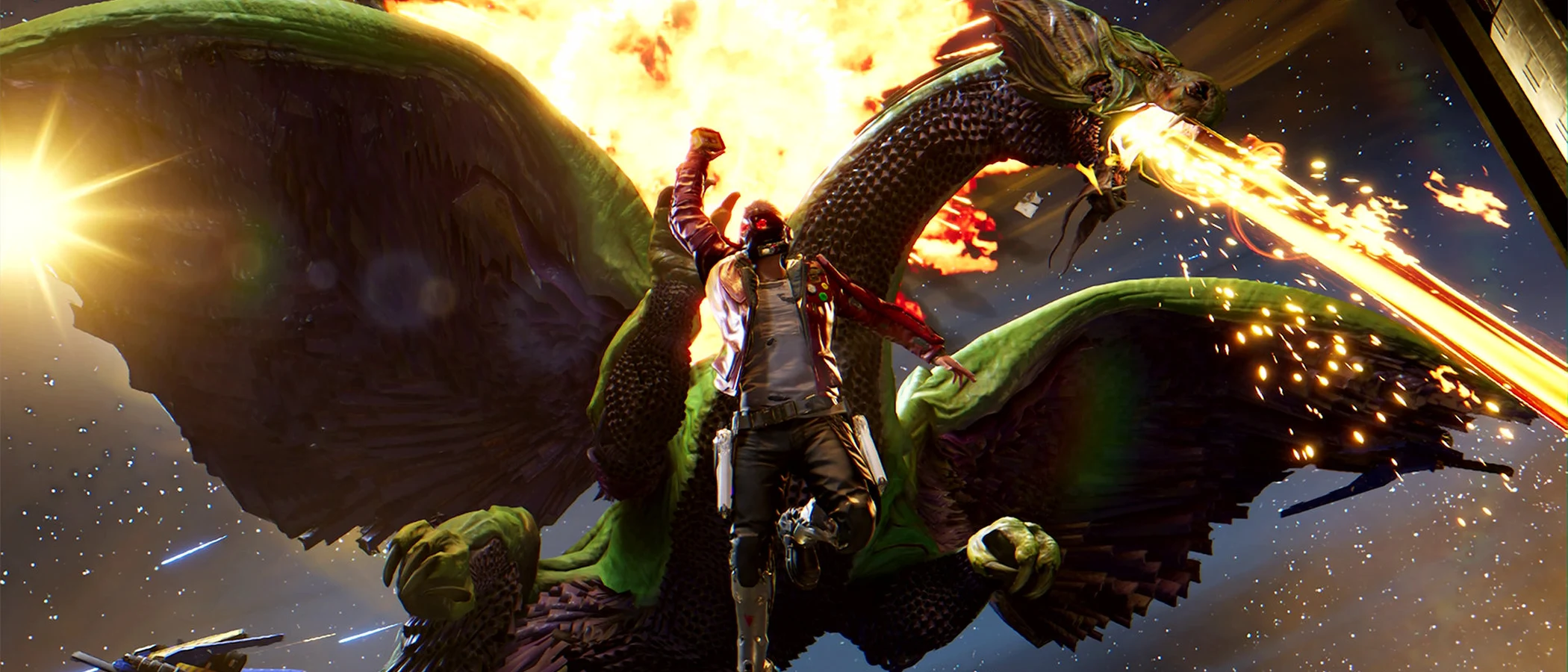 Star-Lord fires his blasters in front of a huge winged creature amid sparks and flames