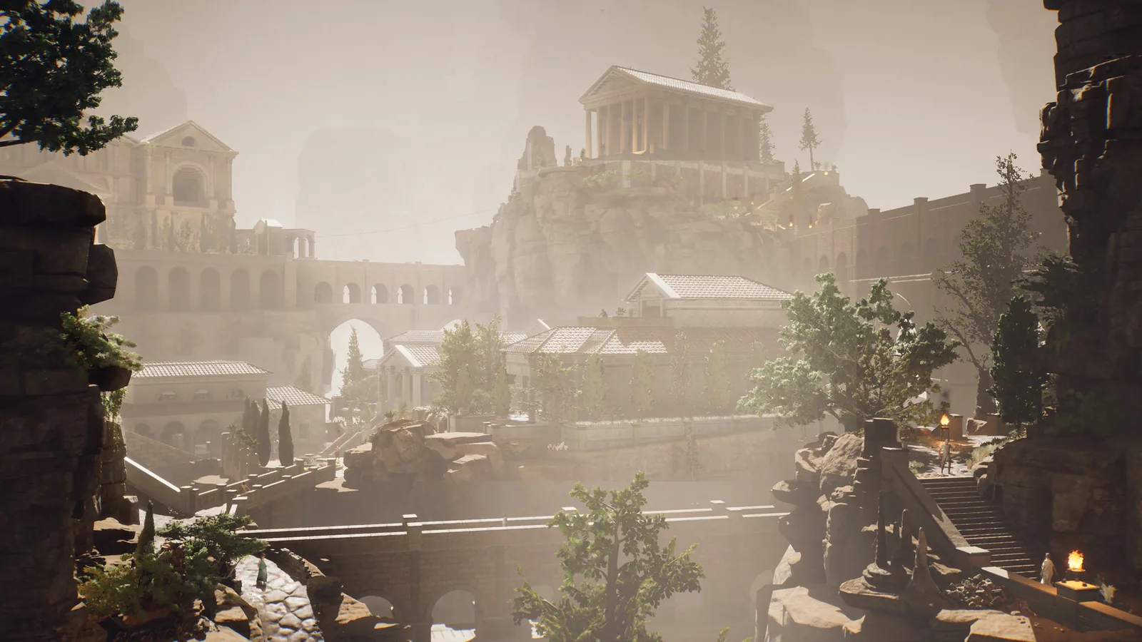 Temple roofs, bridges and stone streets fill the bright Roman valley of The Forgotten City.