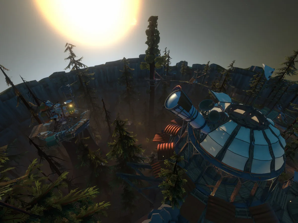 The launch pad and observatory stand in a wooded valley on Timber Hearth in Outer Wilds.