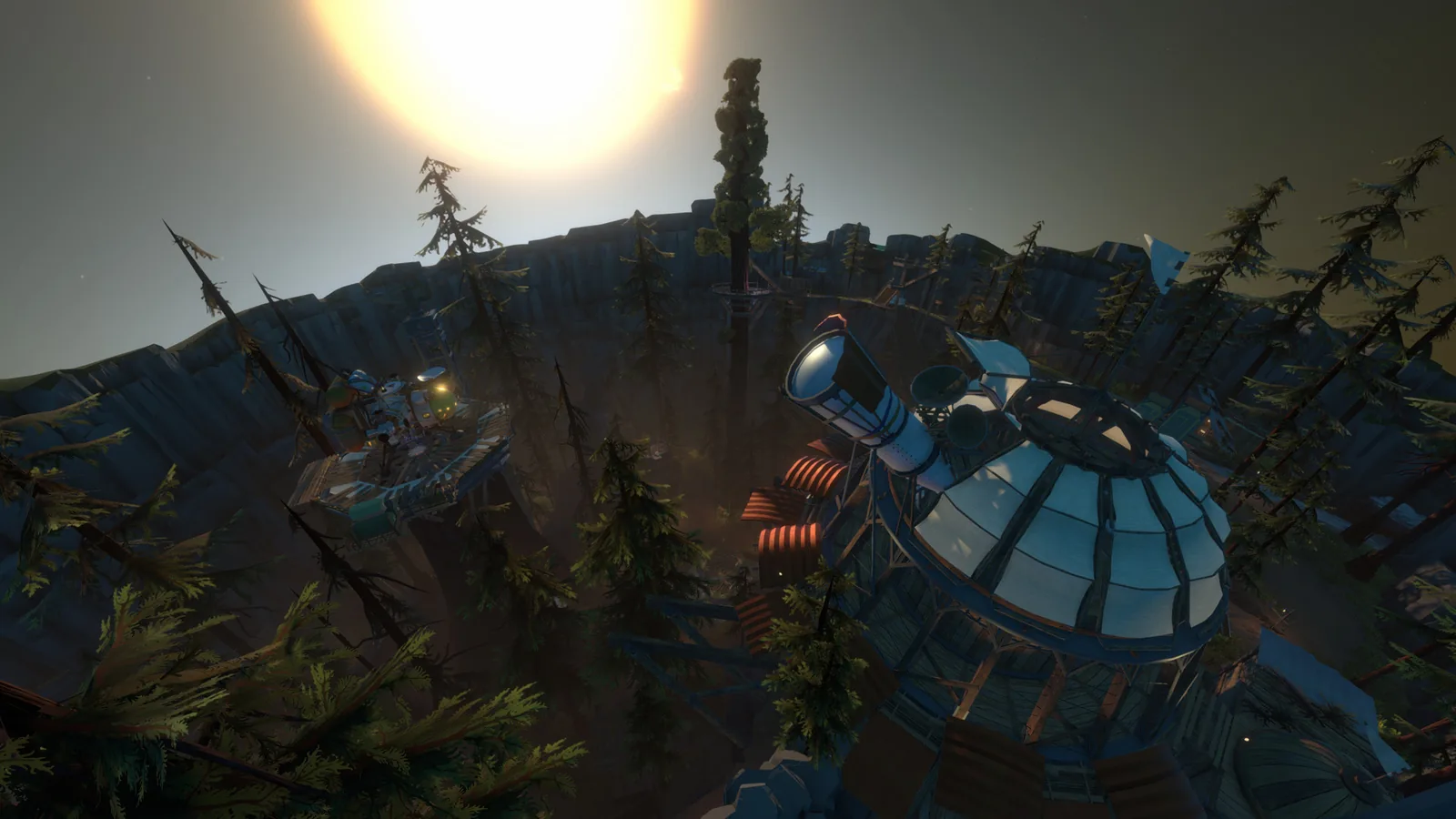 The launch pad and observatory stand in a wooded valley on Timber Hearth in Outer Wilds.