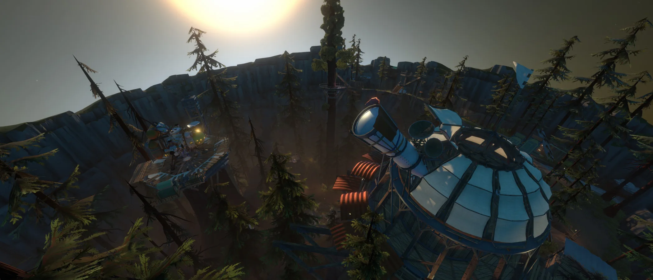 The launch pad and observatory stand in a wooded valley on Timber Hearth in Outer Wilds.