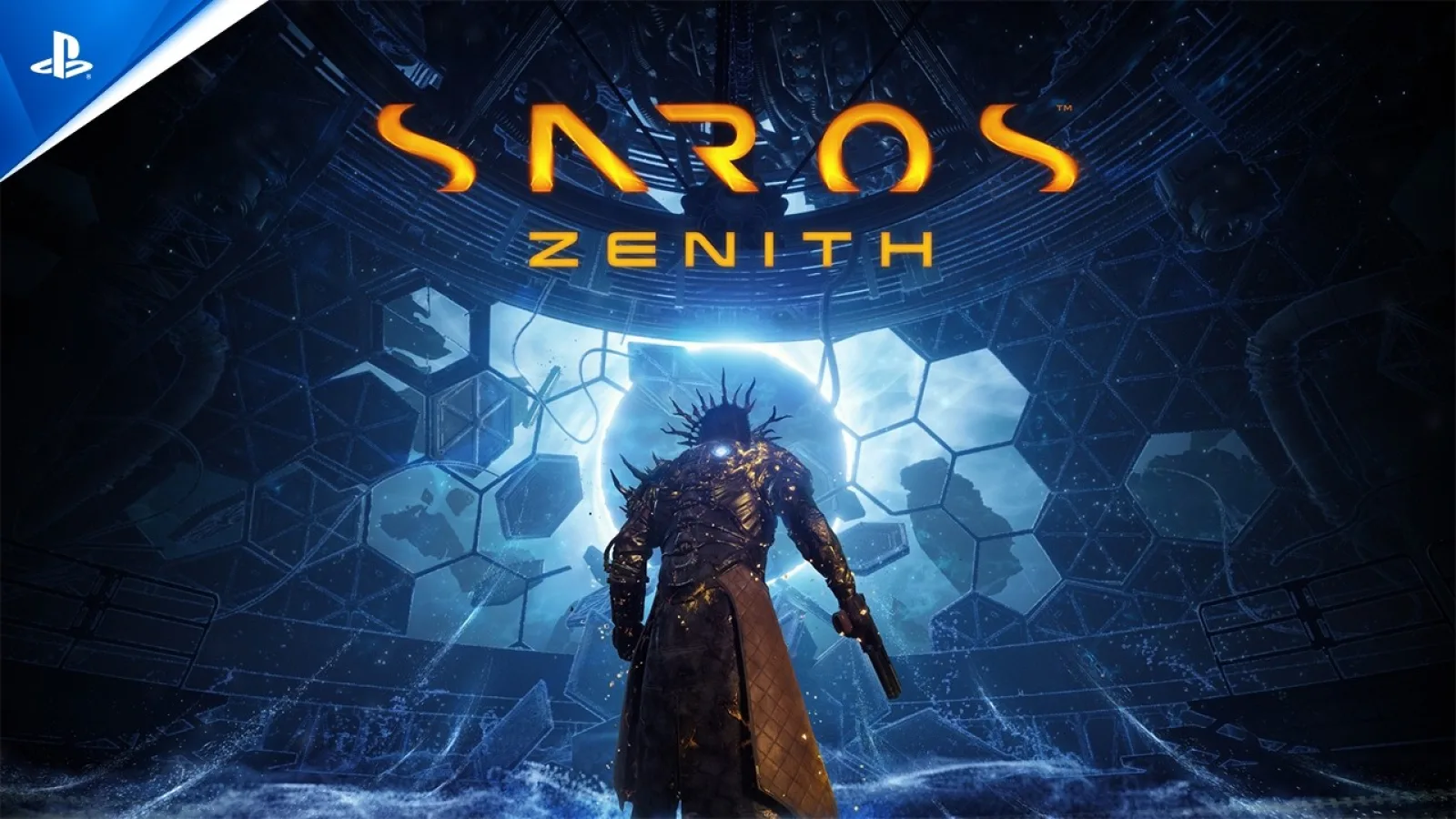 A lone armoured figure stands in a dark futuristic chamber beneath the Saros Zenith logo.