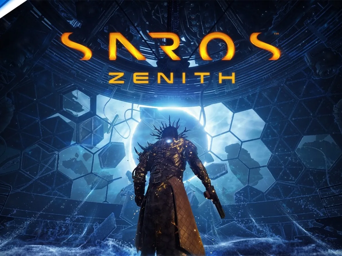 A lone armoured figure stands in a dark futuristic chamber beneath the Saros Zenith logo.