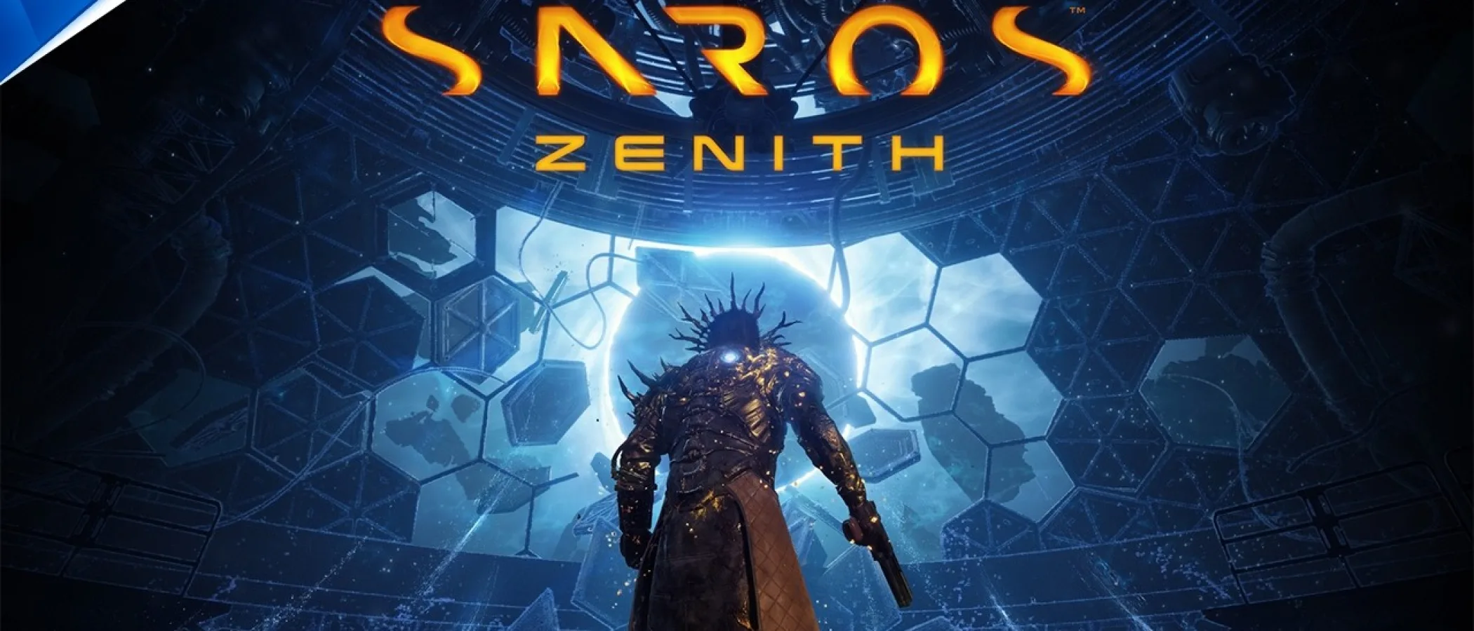 A lone armoured figure stands in a dark futuristic chamber beneath the Saros Zenith logo.