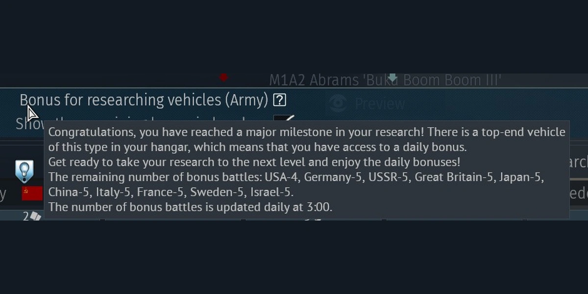 The research bonus tooltip lists five daily battles for most nations and four for the USA