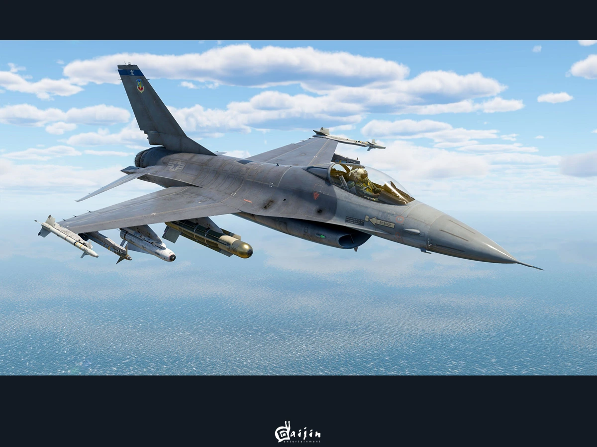 An F-16 fighter carrying missiles and bombs flies above the sea in War Thunder