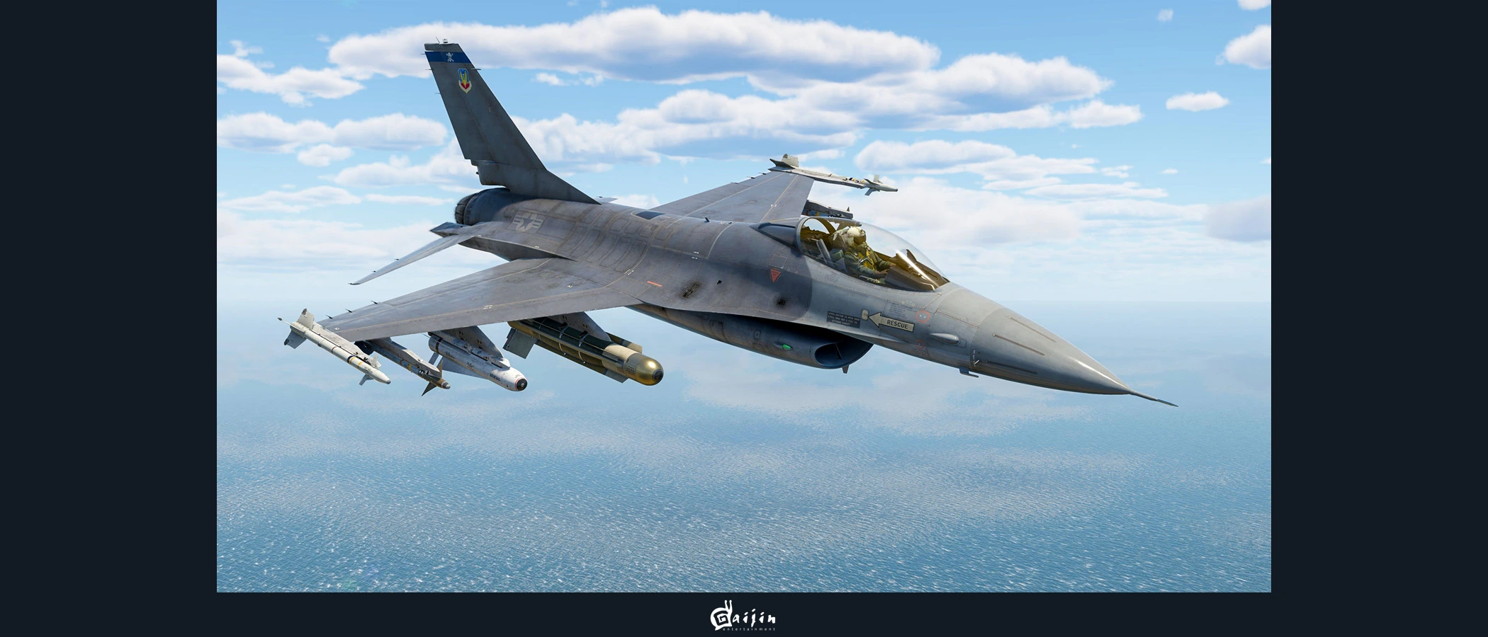 An F-16 fighter carrying missiles and bombs flies above the sea in War Thunder