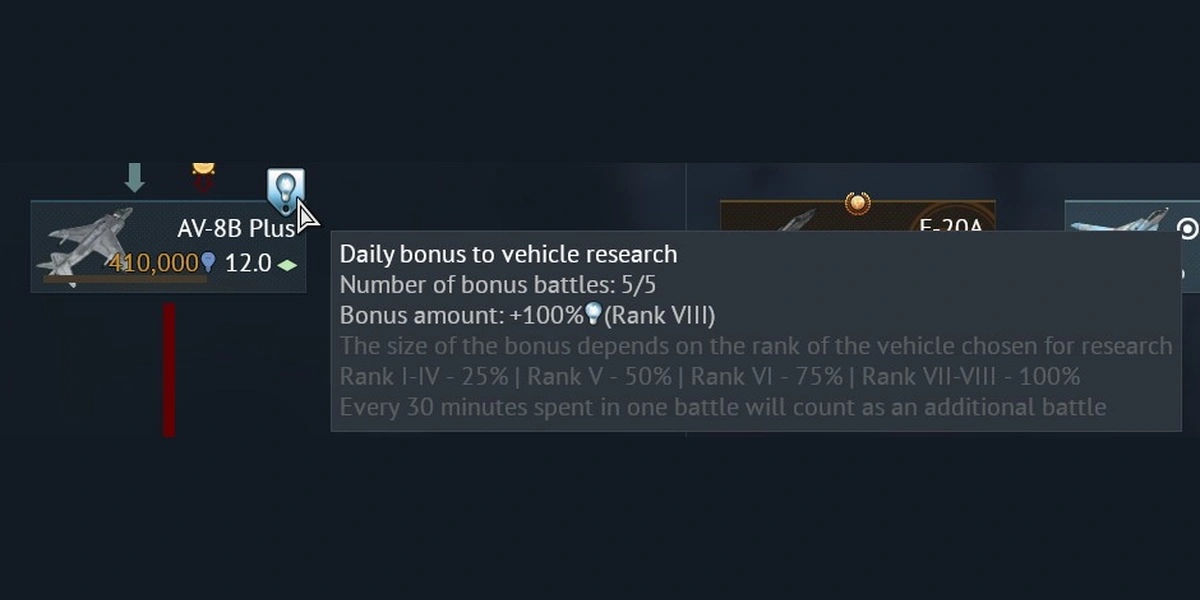 An aircraft research tooltip shows five bonus battles and a rank-dependent percentage