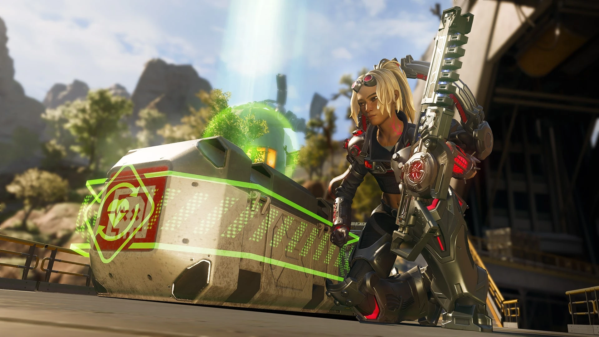 Conduit kneels beside a deathbox with the green respawn effect in Apex Legends