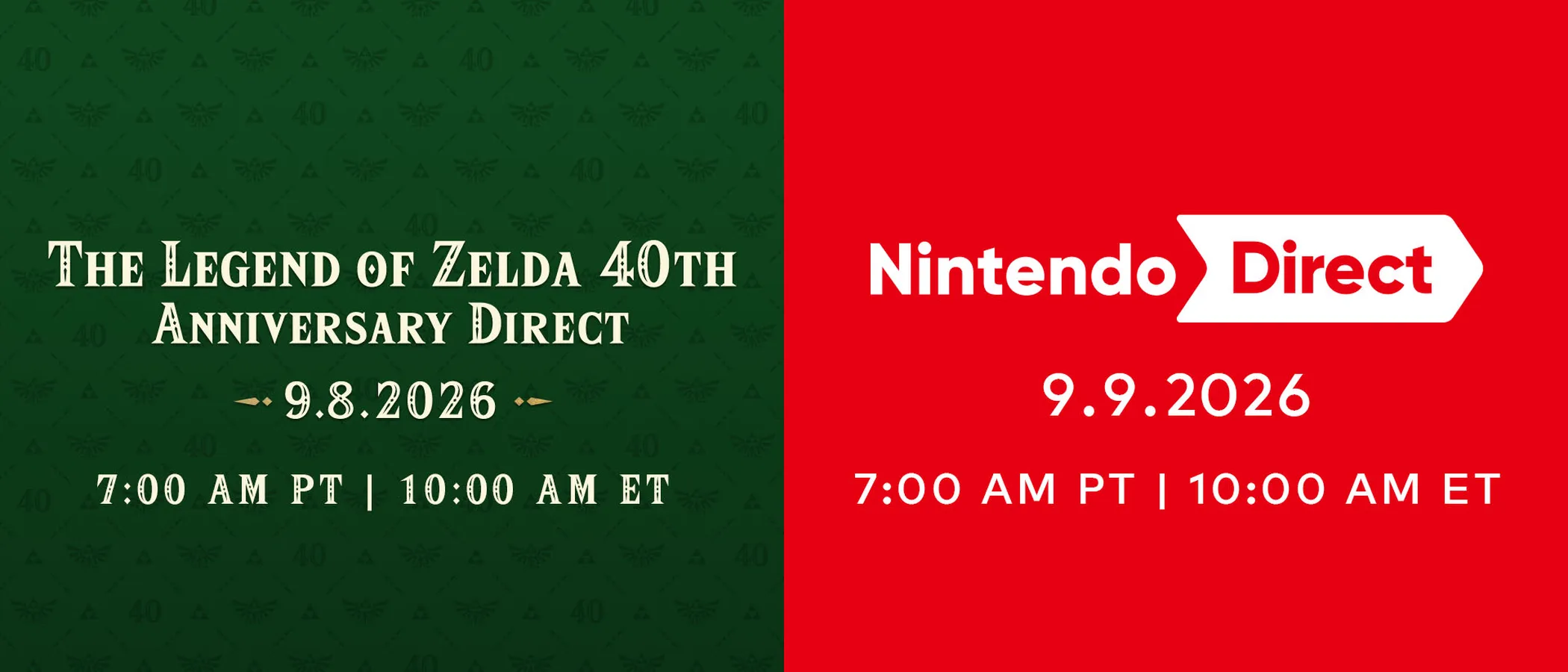 Nintendo promotional artwork for the September 2026 Zelda and Nintendo Direct broadcasts