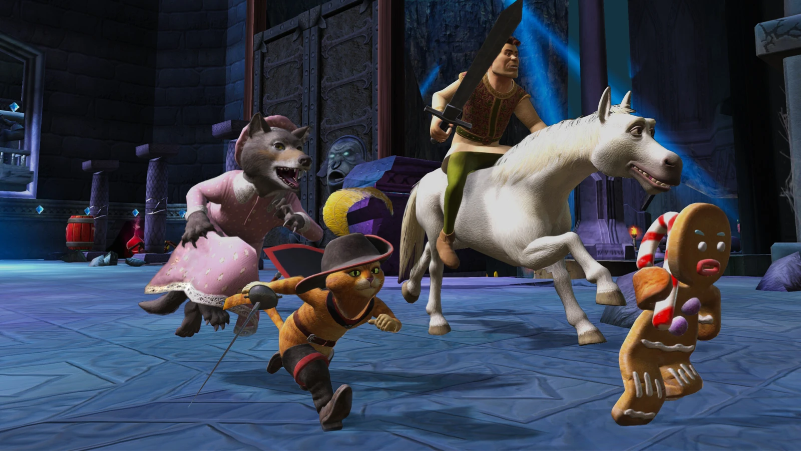 Puss in Boots and Gingy run beside a wolf in a pink dress and a rider on a white horse
