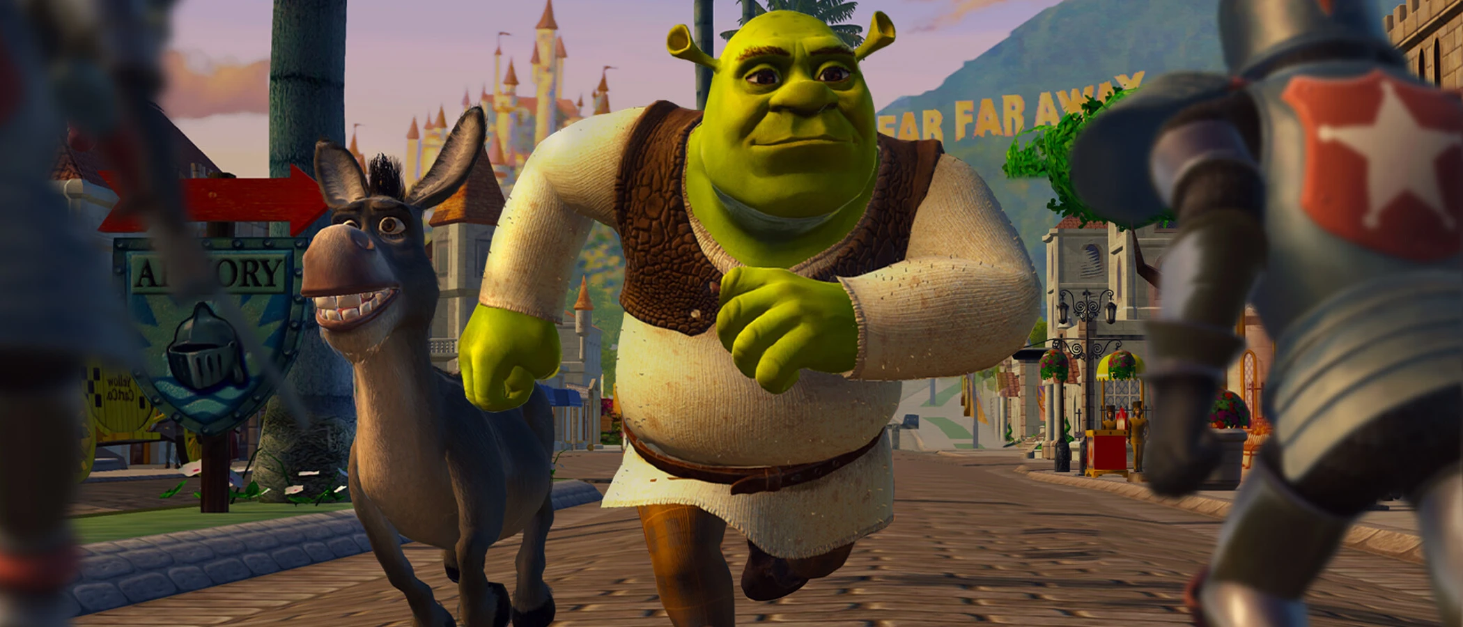 Shrek and Donkey run along a street towards armoured guards in Far Far Away