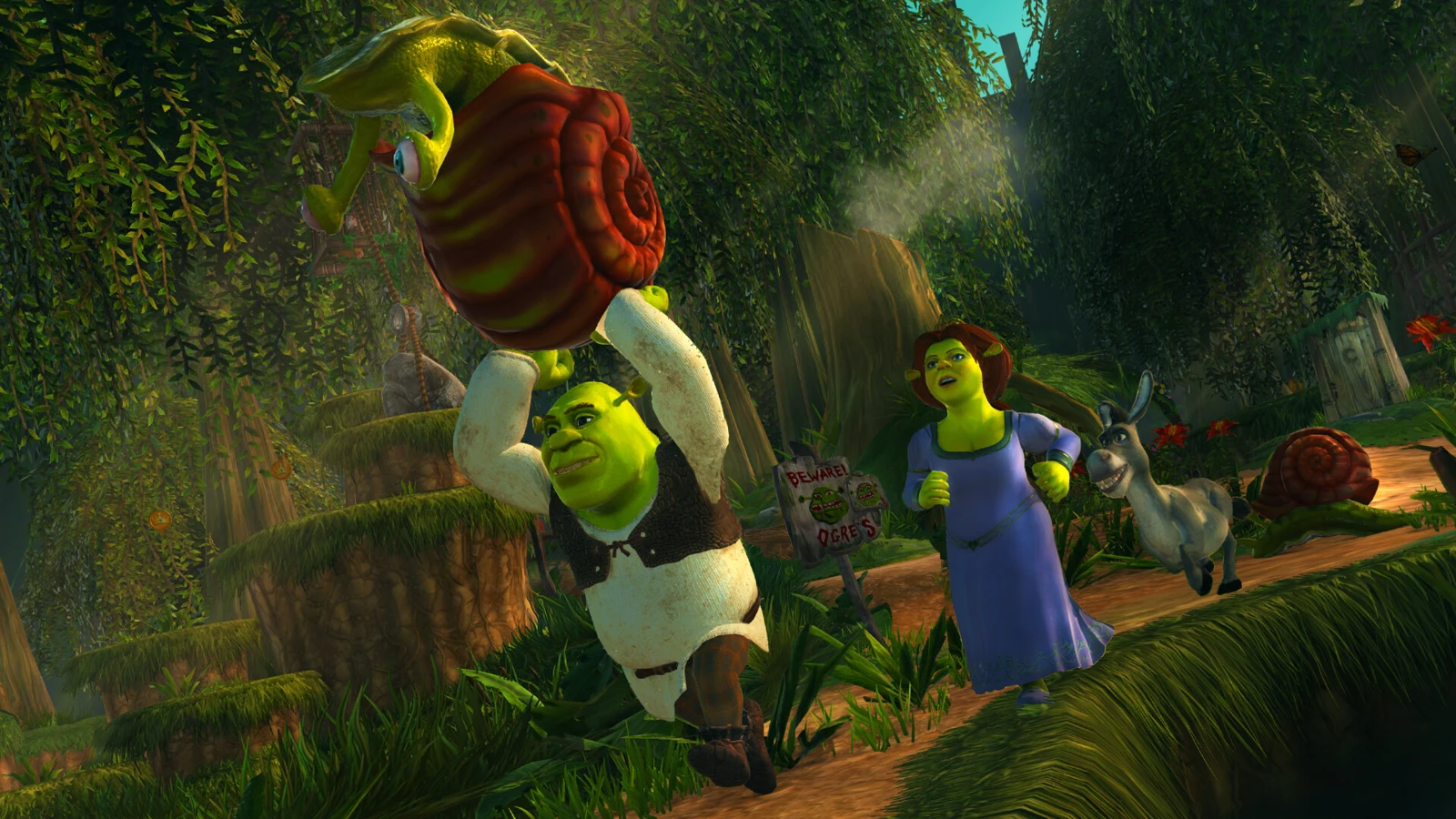 Shrek carries a large snail above his head while Fiona and Donkey follow through a forest