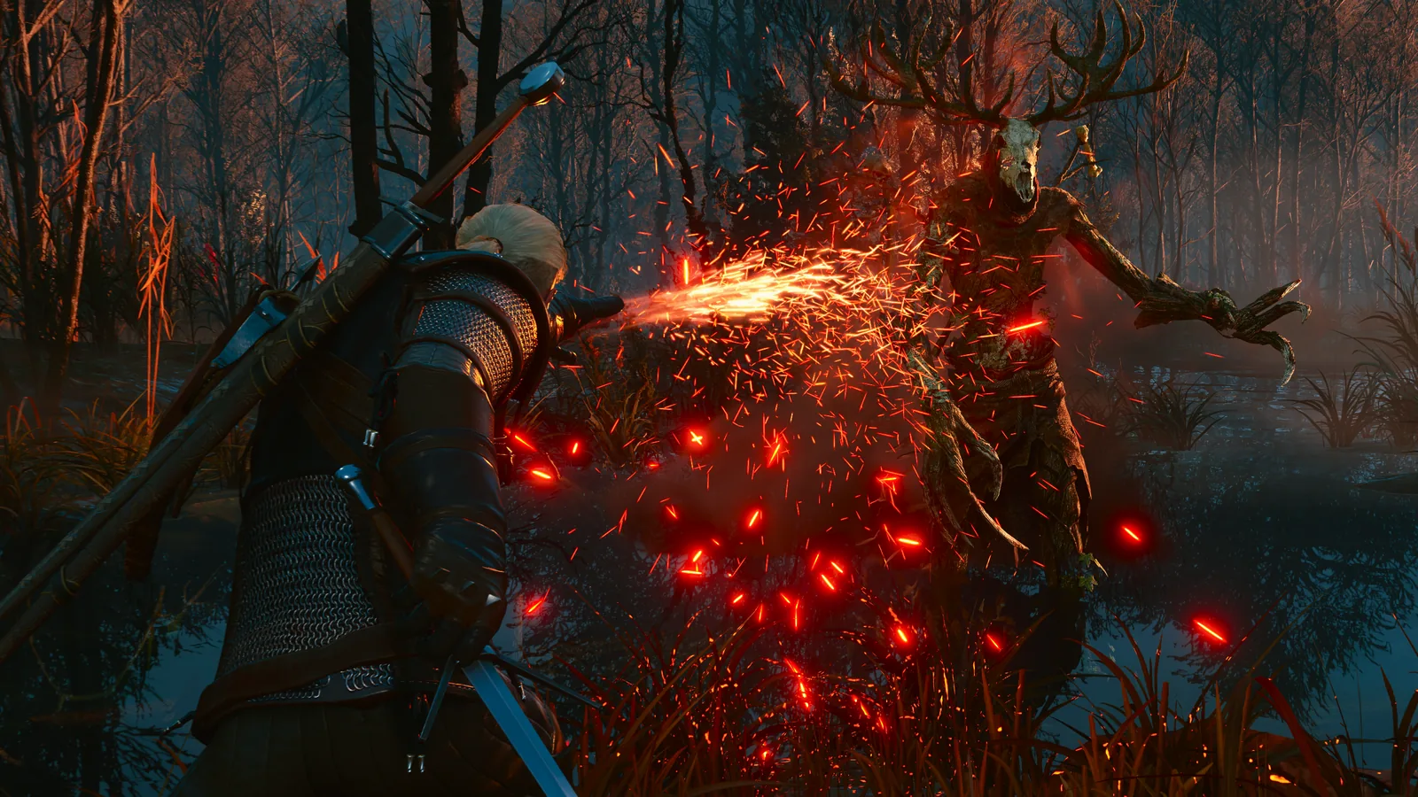 Geralt fights several enemies while casting a bright Witcher sign.