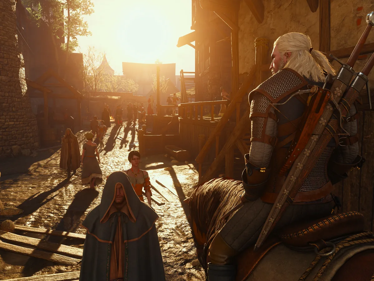 Geralt rides Roach through a forested landscape in The Witcher 3: Wild Hunt Remastered.
