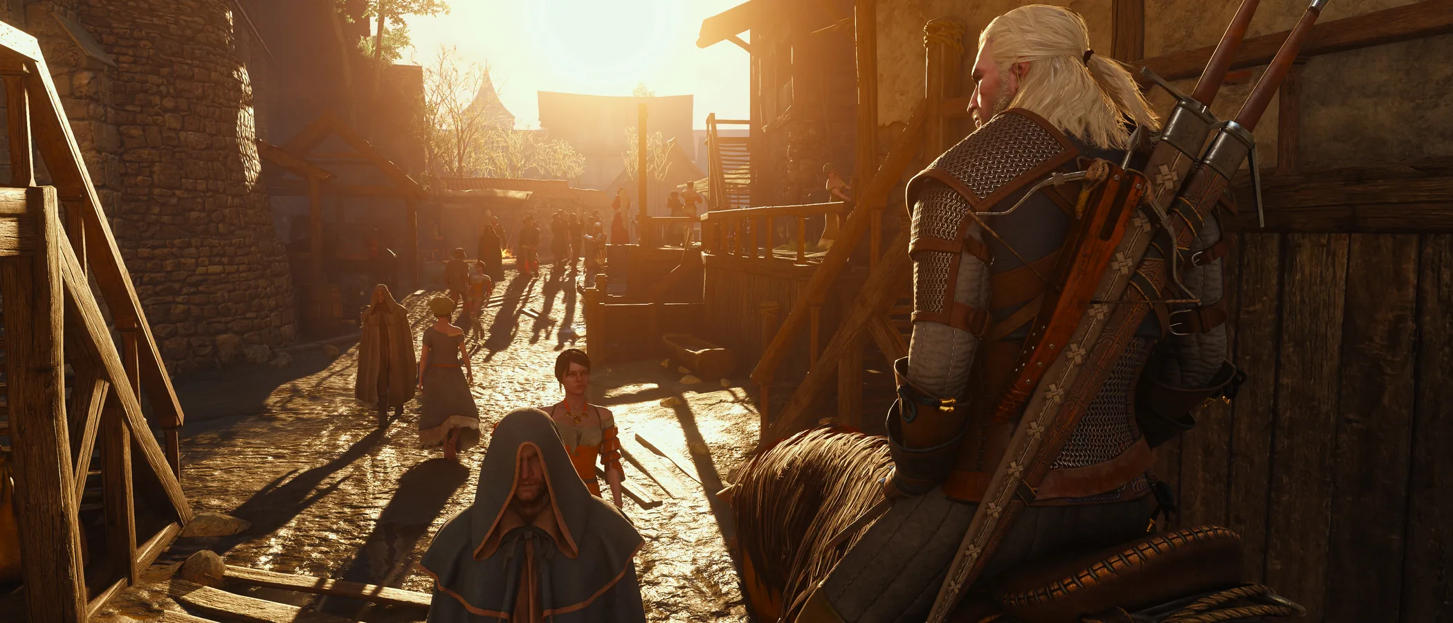 Geralt rides Roach through a forested landscape in The Witcher 3: Wild Hunt Remastered.