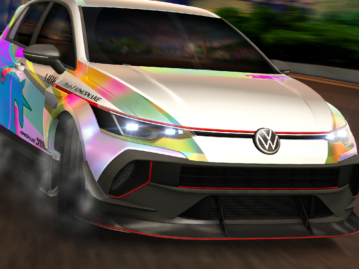 Official Rocket League Season 24 artwork showing a customised Volkswagen Golf GTI on a city street