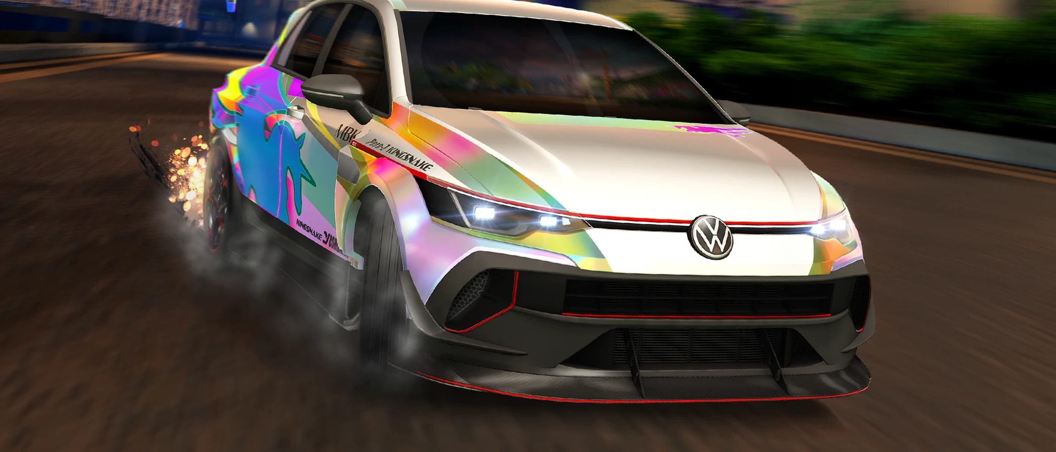 Official Rocket League Season 24 artwork showing a customised Volkswagen Golf GTI on a city street