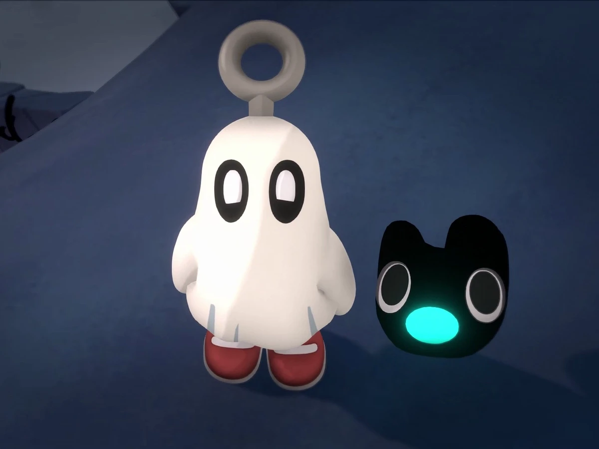Waltz, a pale ghost in red shoes, beside the black spirit puppy Jam.