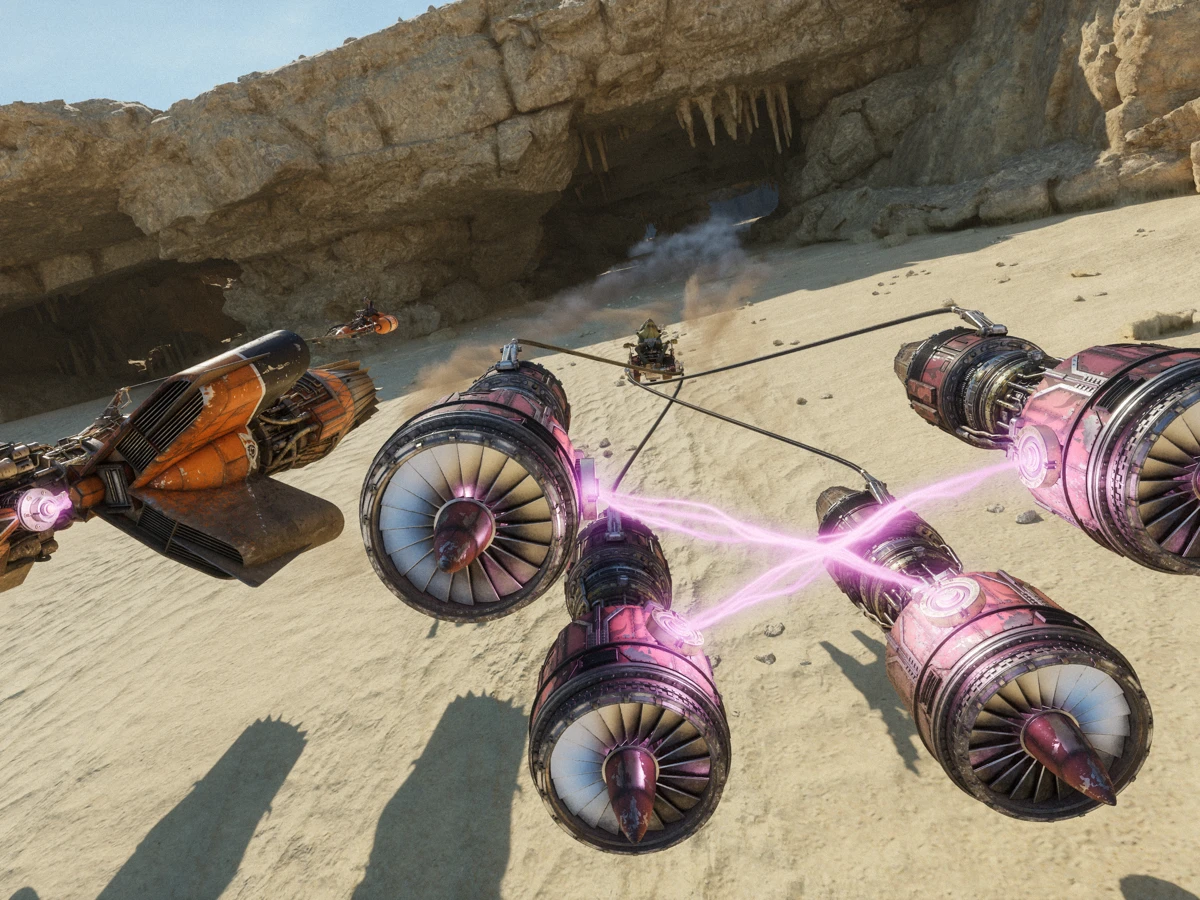 Podracers race across a sandy canyon in Star Wars Galactic Racer.