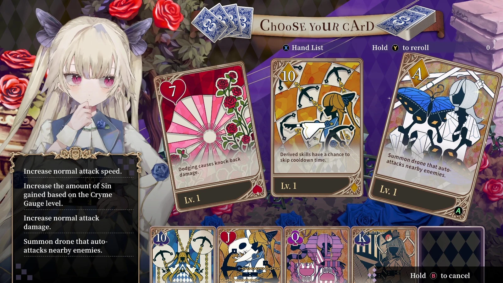 Alice appears beside three selectable skill cards and her current hand