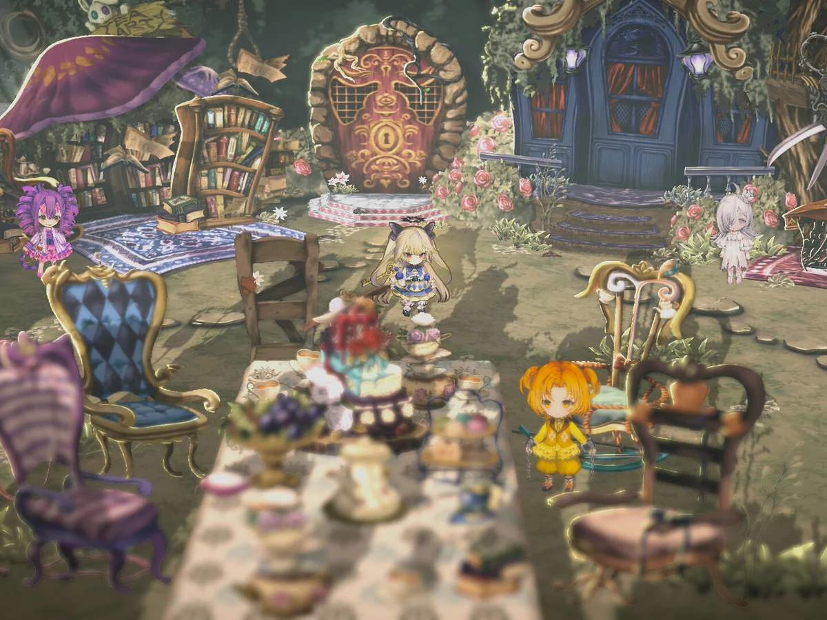 Characters gather around an elaborate tea table in CRYMELIGHT's garden-like hub