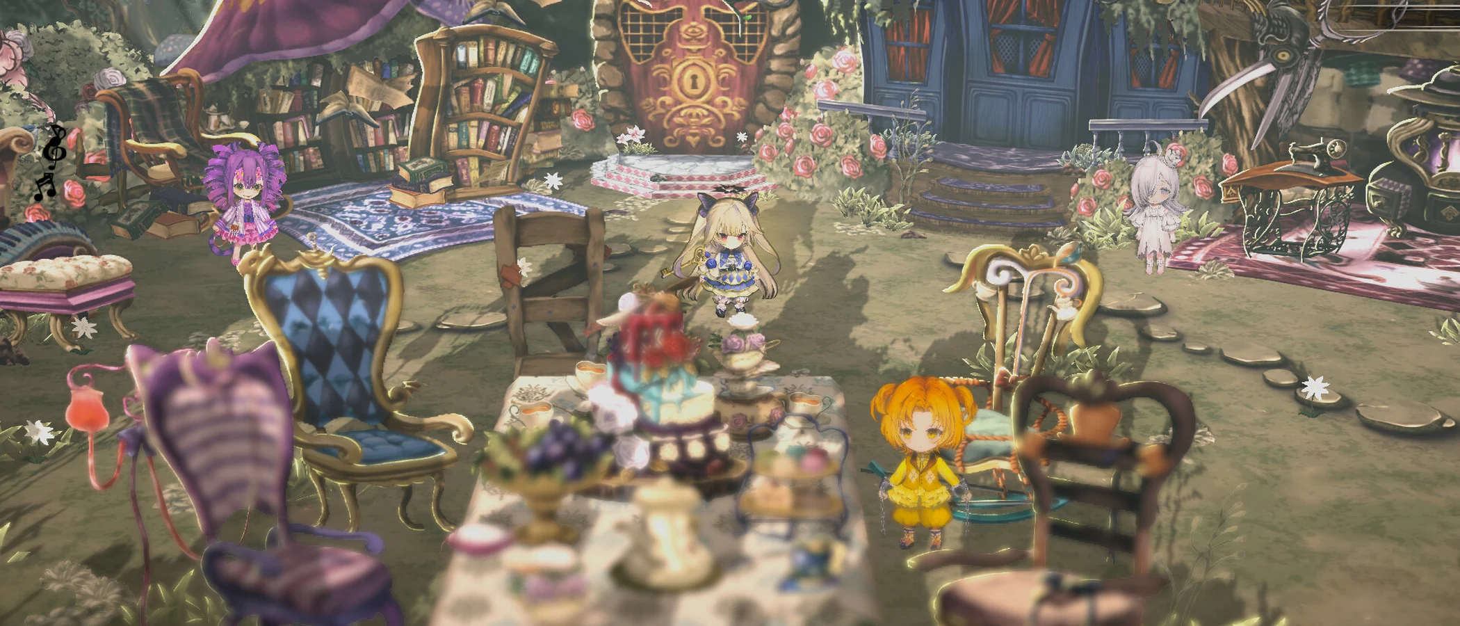 Characters gather around an elaborate tea table in CRYMELIGHT's garden-like hub