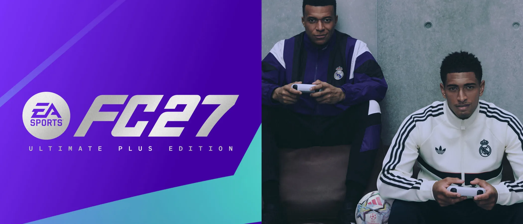 Two footballers feature in EA SPORTS FC 27 Ultimate Plus Edition cover art.