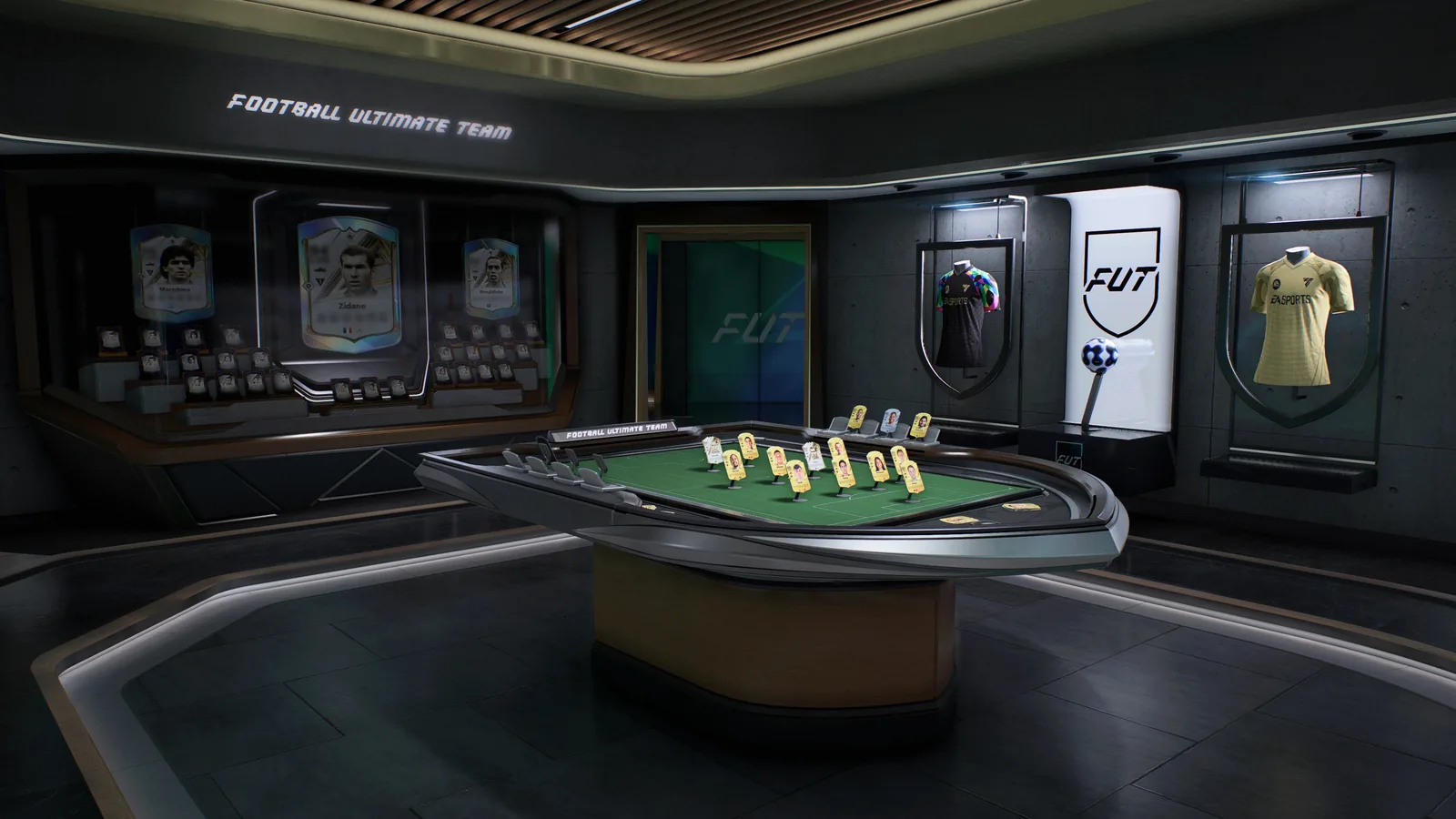 Football Ultimate Team player cards and memorabilia sit in the FC 27 FUT Gallery display room.