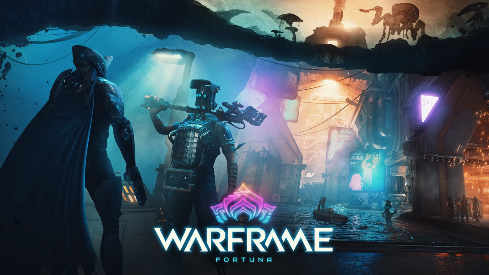 Workers stand beneath blue and purple industrial lights in official Fortuna artwork